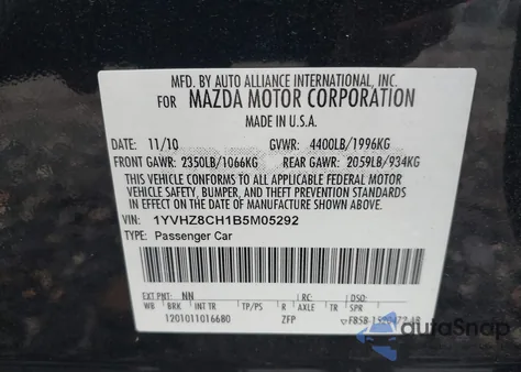 2011 Mazda Mazda6 I Touring z USA, uszkodzony, nr VIN 1YVHZ8CH1B5M05292